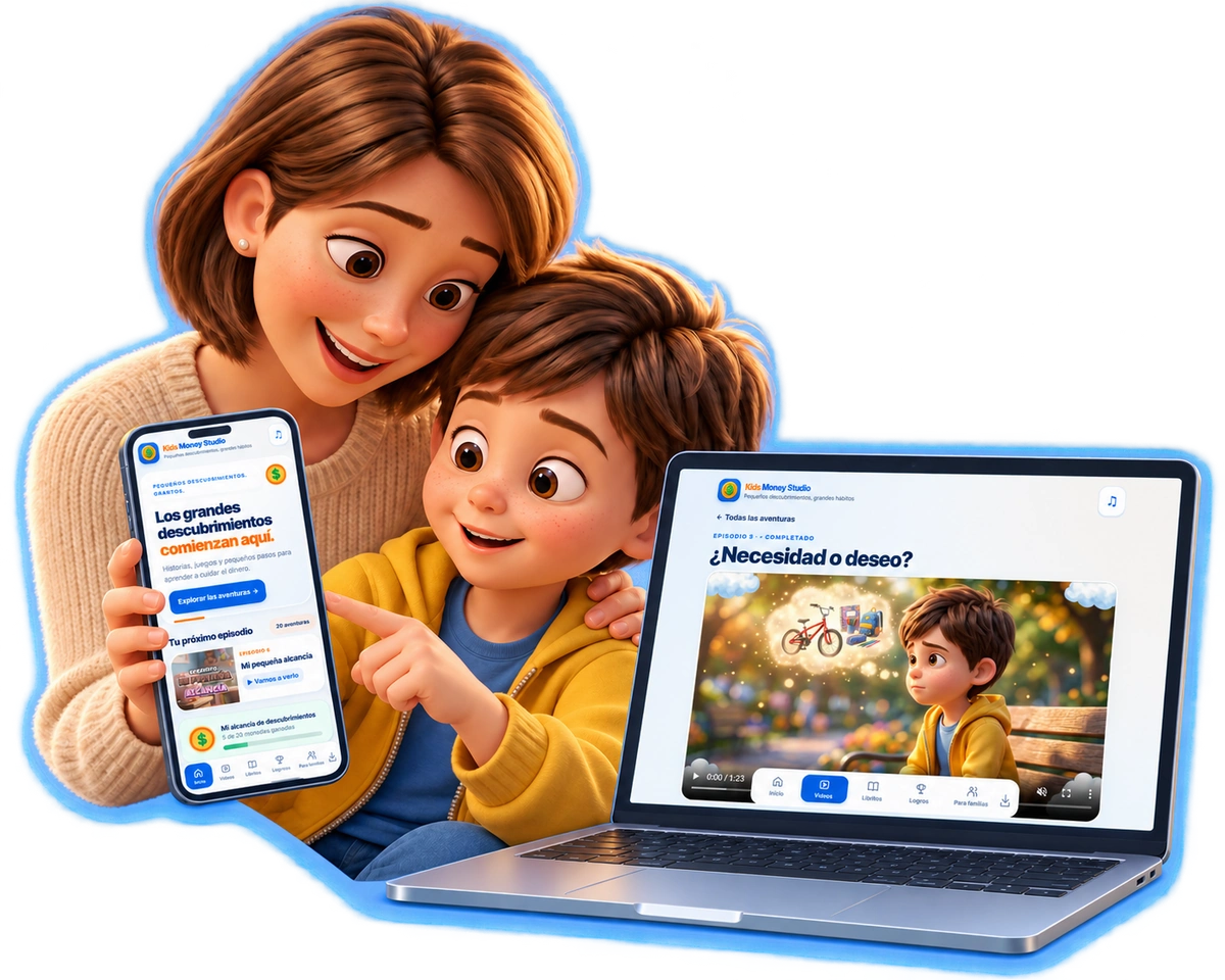 Escena de un episodio con madre e hijo y la aplicación Kids Money Studio en la laptop y en el celular