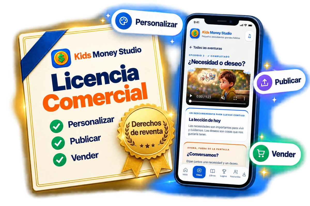 Certificado de licencia comercial del Kids Money Studio junto a la aplicación en el celular